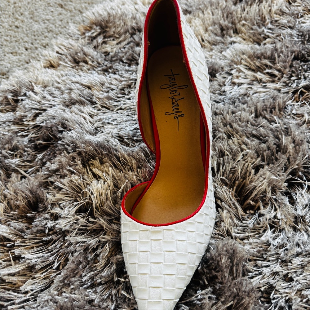 Elegant White and Red Woven Heels